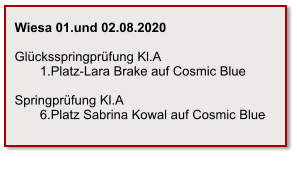 Wiesa 01.und 02.08.2020  Glücksspringprüfung Kl.A        1.Platz-Lara Brake auf Cosmic Blue  Springprüfung Kl.A        6.Platz Sabrina Kowal auf Cosmic Blue