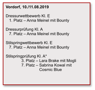 Vordorf, 10./11.08.2019  Dressurwettbewerb Kl. E    1. Platz – Anna Meinel mit Bounty  Dressurprüfung Kl. A    7. Platz – Anna Meinel mit Bounty  Stilspringwettbewerb Kl. E    7. Platz – Anna Meinel mit Bounty  Stilspringprüfung Kl. A*               3. Platz – Lara Brake mit Mogli               7. Platz – Sabrina Kowal mit                                Cosmic Blue