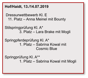 Hof/Haidt, 13./14.07.2019   Dressurwettbewerb Kl. E    11. Platz – Anna Meinel mit Bounty  Stilspringprüfung Kl. A*               3. Platz – Lara Brake mit Mogli  Springpferdeprüfung Kl. A*               1. Platz – Sabrina Kowal mit                                Cosmic Blue  Springprüfung Kl. A**               1. Platz – Sabrina Kowal mit Mogli